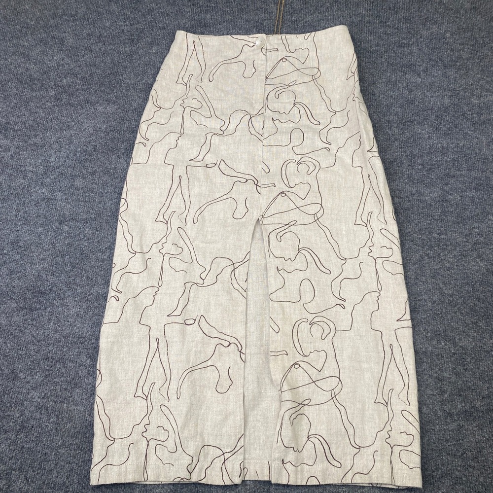 Paloma Wool Linen Abstract Figure Print Midi Skirt Beige Brown Slit Size 36